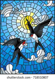 Illustration in stained glass style a pair of swallows on the background of sky, sun and clouds