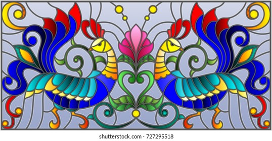 Illustration in stained glass style with a pair of roosters , flowers and patterns on a blue background , horizontal image