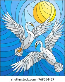 Illustration in stained glass style with a pair of  swans on the background of the daytime sky and clouds