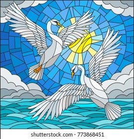 Illustration in stained glass style with a pair of  swans on the background of the daytime sky, water  and clouds