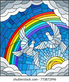 Illustration in stained glass style with a pair of pigeons on the background of sky, sun , clouds and rainbow