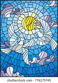 Illustration in stained glass style with a pair of white doves on the background of the daytime sky and clouds