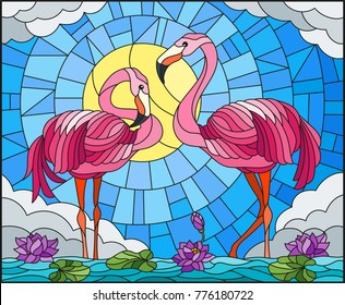 Illustration in stained glass style with pair of Flamingo , Lotus flowers and reeds on a pond in the sun, sky and clouds