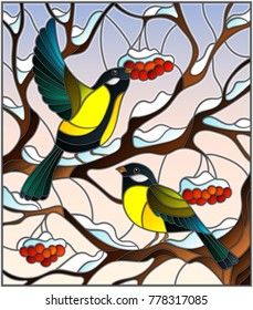 Illustration in stained glass style with a pair of great Tits birds on the branches of a Rowan tree on the background of snow, berries and sky