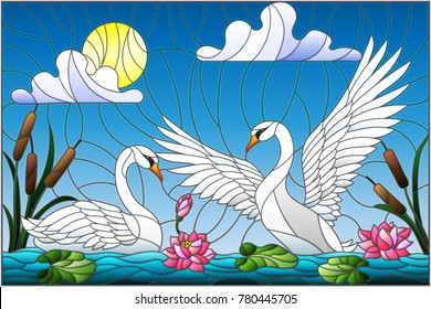 Illustration in stained glass style with pair of Swans , Lotus flowers and reeds on a pond in the sun, sky and clouds