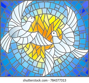 Illustration in stained glass style with a pair of white doves on the background of the daytime sky 