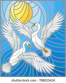 Illustration in stained glass style with a pair of  swans on the background of the daytime sky and clouds