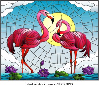 Illustration in stained glass style with pair of Flamingo , Lotus flowers and reeds on a pond in the sun, sky and clouds