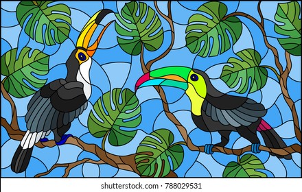 Illustration in stained glass style ,pair of birds Toucan on branch tropical tree against the sky