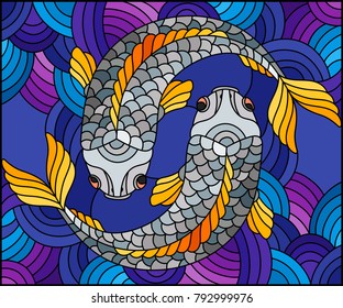 Illustration in stained glass style with a pair of  fishes on water background