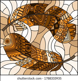 Illustration in stained glass style with patterned feathers on a light background, tone brown, sepia