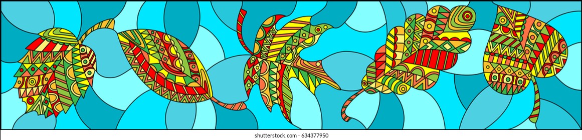 Illustration in stained glass style with patterned autumn leaves on turquoise background , horizontal orientation