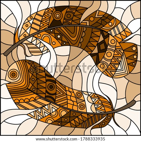 Illustration in stained glass style with patterned feathers on a light background, tone brown, sepia