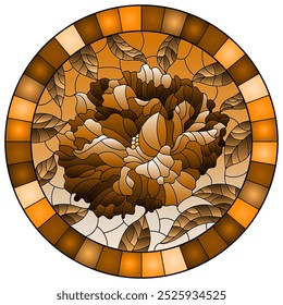 Illustration in stained glass style with a peony flower on a sky background, oval image in a frame, tone brown