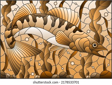 Illustration in stained glass style with pike perch fish on the background of algae, air bubbles and water, tone brown