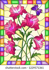 Illustration in stained glass style with pink abstract flowers and a purple butterfly on a yellow background in a bright frame