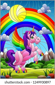 Illustration in stained glass style with pink cartoon unicorn on rainbow background, greenery and sky