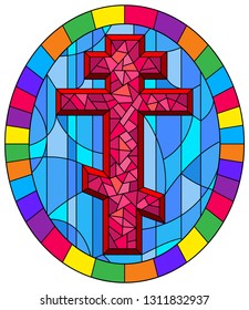 Illustration in stained glass style with a pink  cross on an abstract blue background, oval picture frame in bright