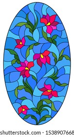 Illustration in stained glass style with a pink Lily flower on a blue background, oval image