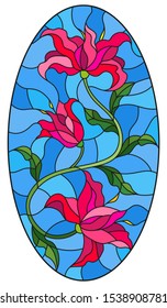 Illustration in stained glass style with a pink Lily flower on a blue background, oval image