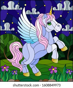 Illustration in stained glass style with pink cartoon unicorn on  background of  greenery and starry  sky