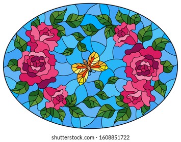 Illustration in stained glass style with pink flowers and leaves of  rose, and orange butterfly on a blue background, oval image