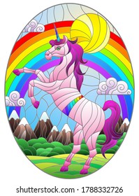 Illustration in stained glass style with pink cartoon unicorn on  background of mountains, rainbow, greenery and sky, oval image