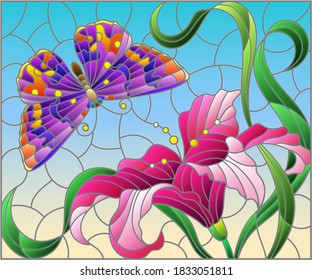 Illustration in stained glass style with a pink Lily flower and a bright butterfly on a blue sky background, rectangular image