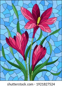 Ilustración en vidrio manchado con flores de jacinto rosas sobre un fondo azul, imagen rectangular