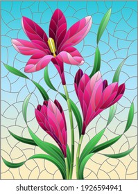 Illustration in stained glass style with pink hyacinth flowers on a blue background, rectangular image