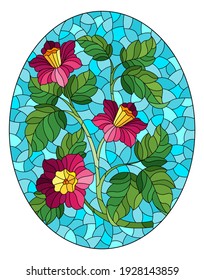 Illustration in stained glass style with pink flowers on a blue sky background, rectangular image