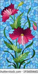 Ilustración en vidrio manchado con flores de cachorros rosas sobre un fondo azul del cielo, imagen rectangular