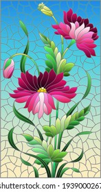 Illustration in stained glass style with pink poppies flowers on a blue sky background, rectangular image