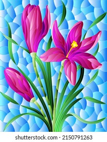 Illustration in stained glass style with pink hyacinth flowers on a blue background, rectangular image