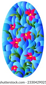 Illustration in stained glass style with a pink Lily flower on a blue background, oval image