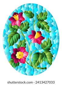 Illustration in stained glass style with pink flowers on a blue sky background, rectangular image