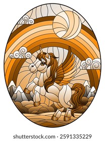 Illustration in stained glass style with pink cartoon unicorn on  background of mountains, rainbow, greenery and sky, oval image, tone brown