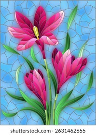 Illustration in stained glass style with pink hyacinth flowers on a blue background, rectangular image