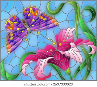 Illustration in stained glass style with a pink Lily flower and a bright butterfly on a blue sky background, rectangular image