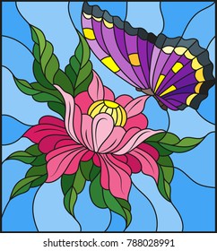 Illustration in stained glass style with a pink flower and bright purple butterfly on a blue background