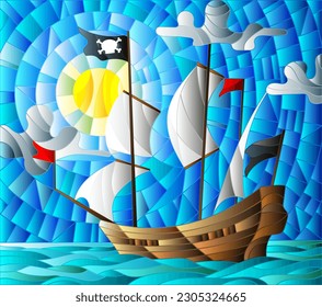 Illustration in stained glass style with a pirate ship in the sun, a cloudy sky and ocean background