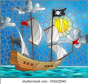 Illustration in stained glass style with a pirate ship in the sun, a cloudy sky and ocean