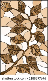 Illustration in stained glass style plant branch with leaves , one brown, sepia 