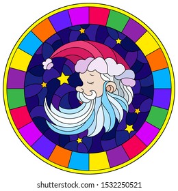 Illustration in stained glass style with a portrait of Santa Claus on the background of the night starry sky, round image in bright frame