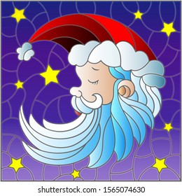 Illustration in stained glass style with a portrait of Santa Claus on the background of the night starry sky