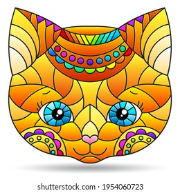 Illustration in stained glass style with a portrait of a red cat, the animal is isolated on a white background