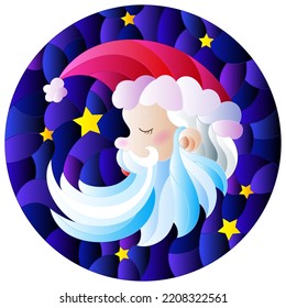 Illustration in stained glass style with a portrait of Santa Claus on the background of the night starry sky, round image 