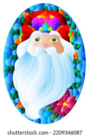 Illustration in stained glass style with a portrait of Santa Claus and branches of Holly on a blue background, oval image