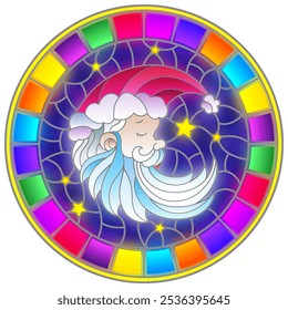 Illustration in stained glass style with a portrait of Santa Claus on the background of the night starry sky, round image in bright frame