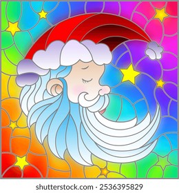 Illustration in stained glass style with a portrait of Santa Claus on a rainbow background with stars